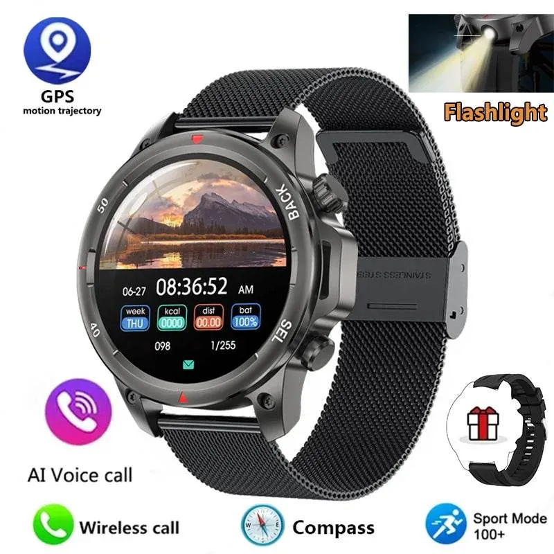 New high-end men's smart Bluetooth call smartwatch IP67 GPS sports fitness 410mAh large battery with flashlight smartwatch
