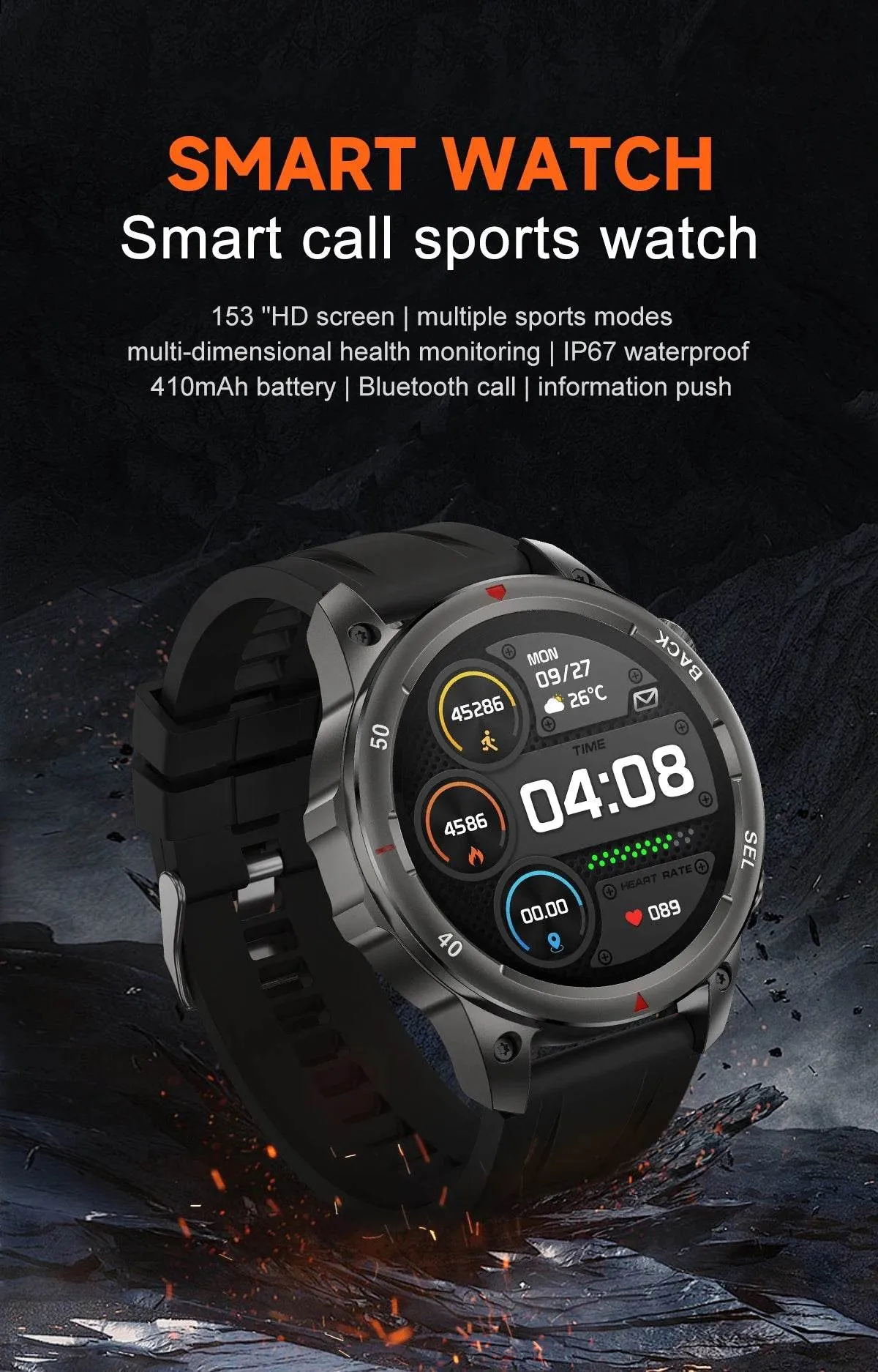 New high-end men's smart Bluetooth call smartwatch IP67 GPS sports fitness 410mAh large battery with flashlight smartwatch