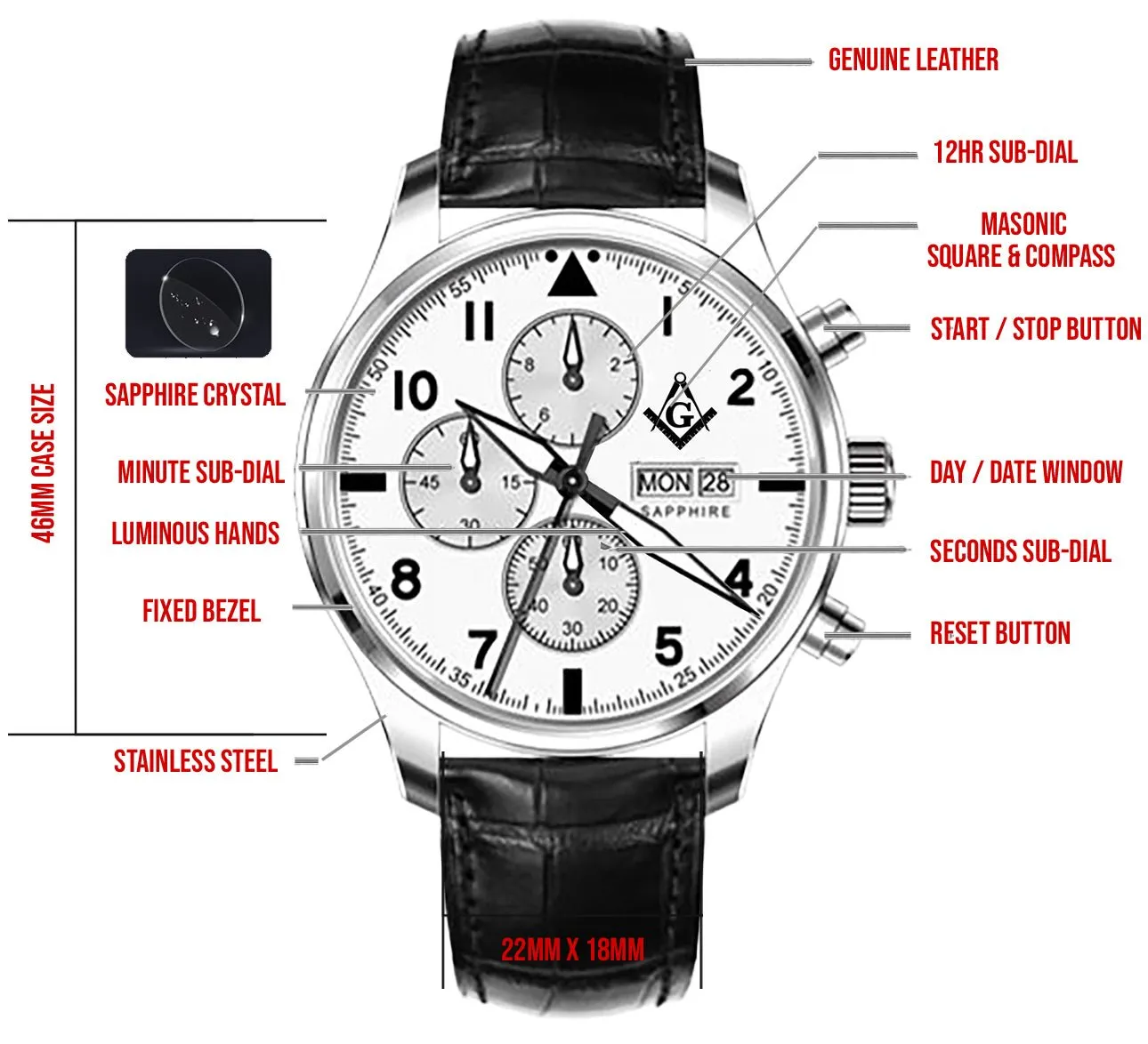 New Men's Stainless Steel Master Mason Masonic Chronograph Watch, 46mm