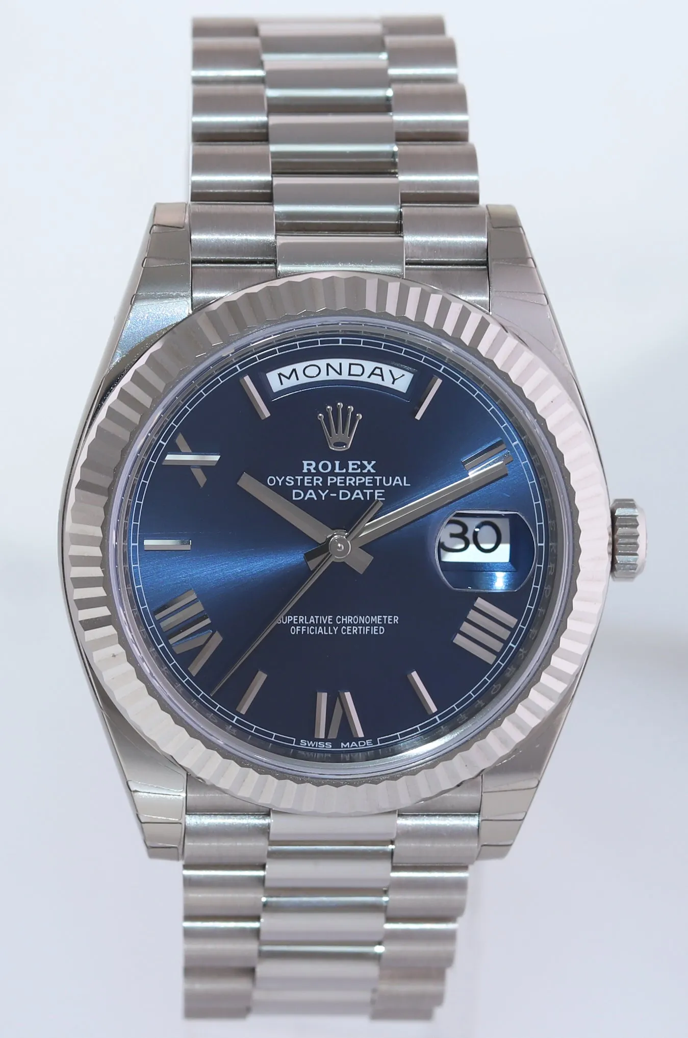 NEW STICKERS Rolex 40 White Gold President Day Date Blue Roman 228239 Watch