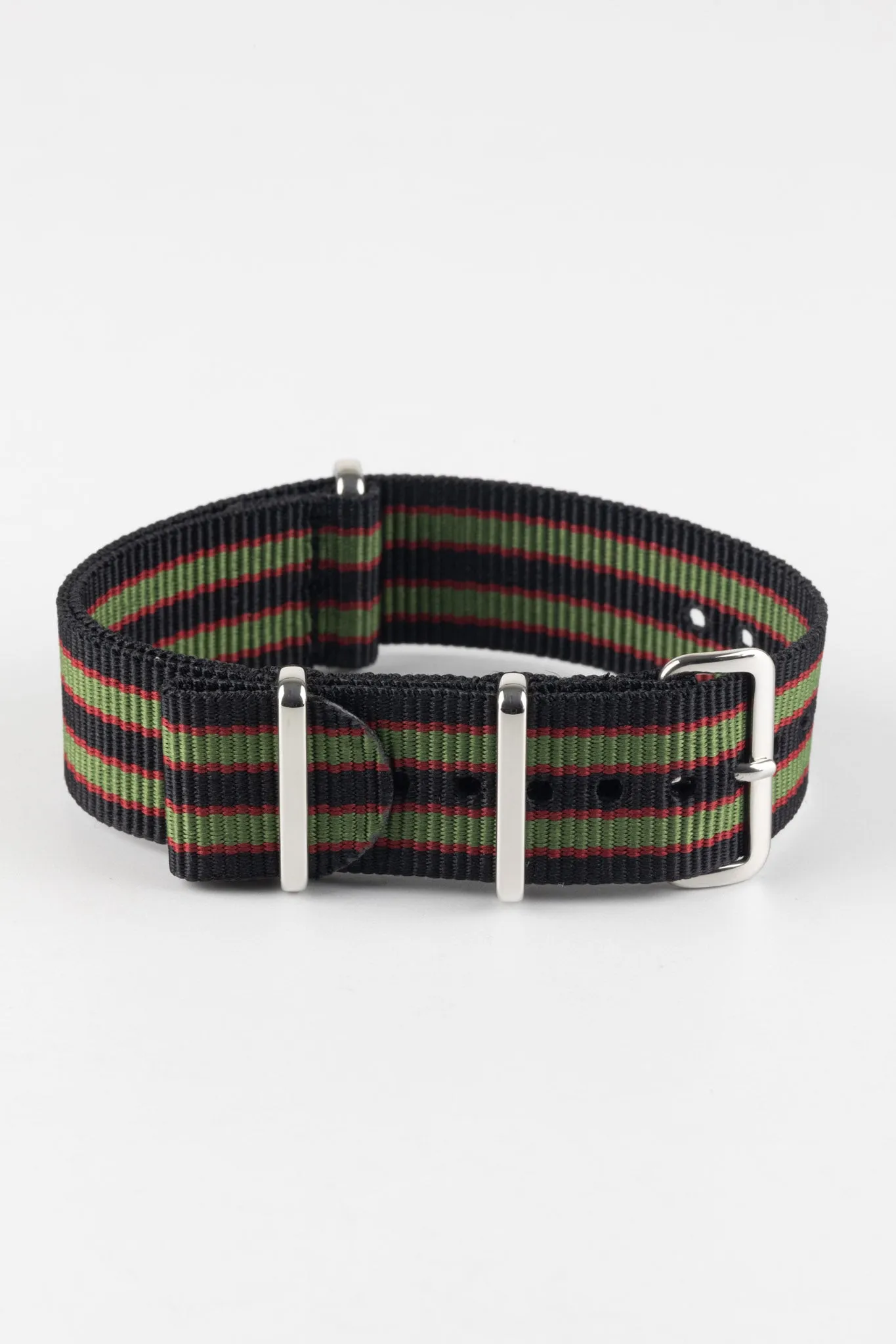 Nylon Watch Strap in BLACK/OLIVE/RED with Polished Buckle and Keepers