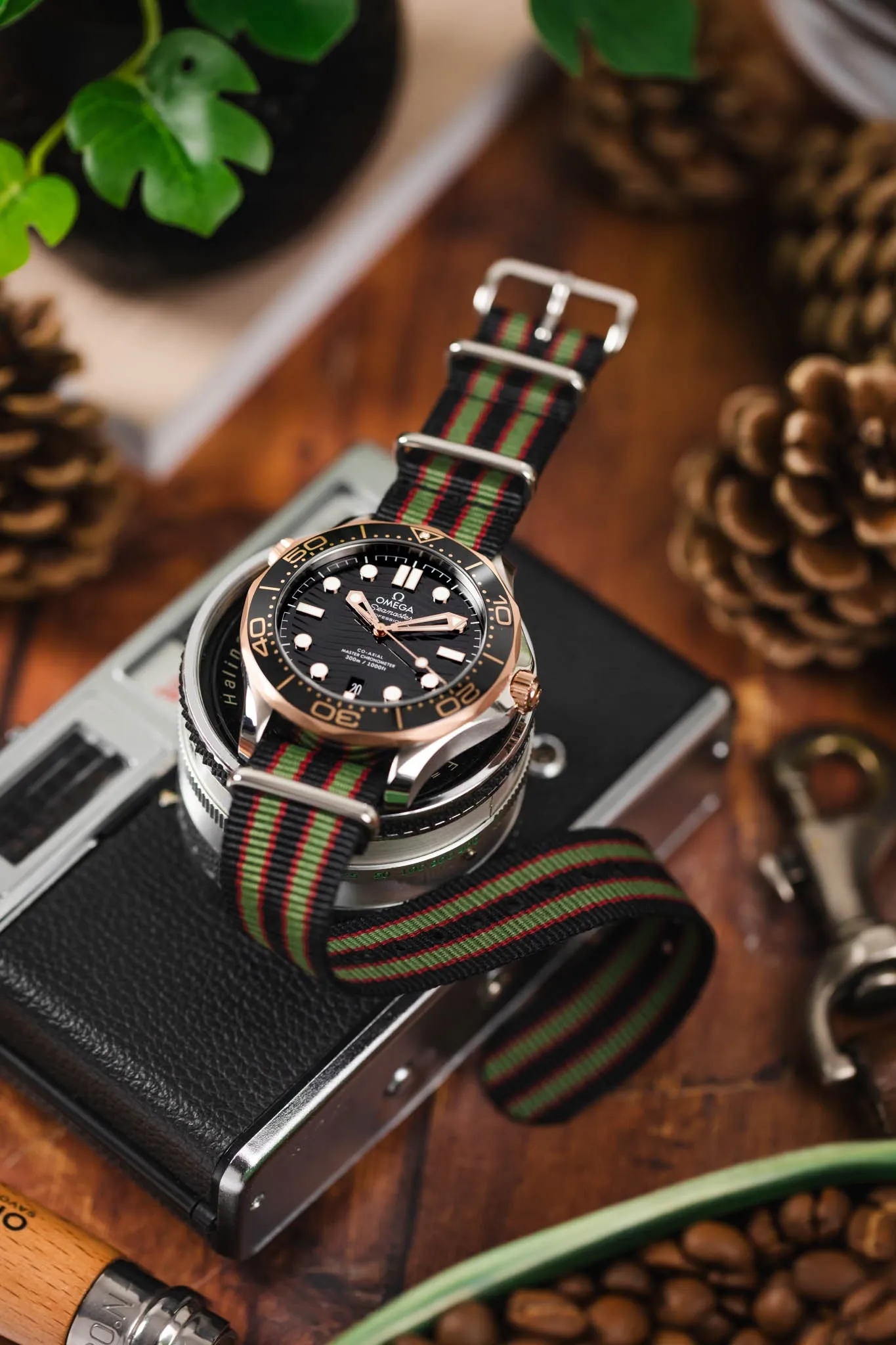 Nylon Watch Strap in BLACK/OLIVE/RED with Polished Buckle and Keepers
