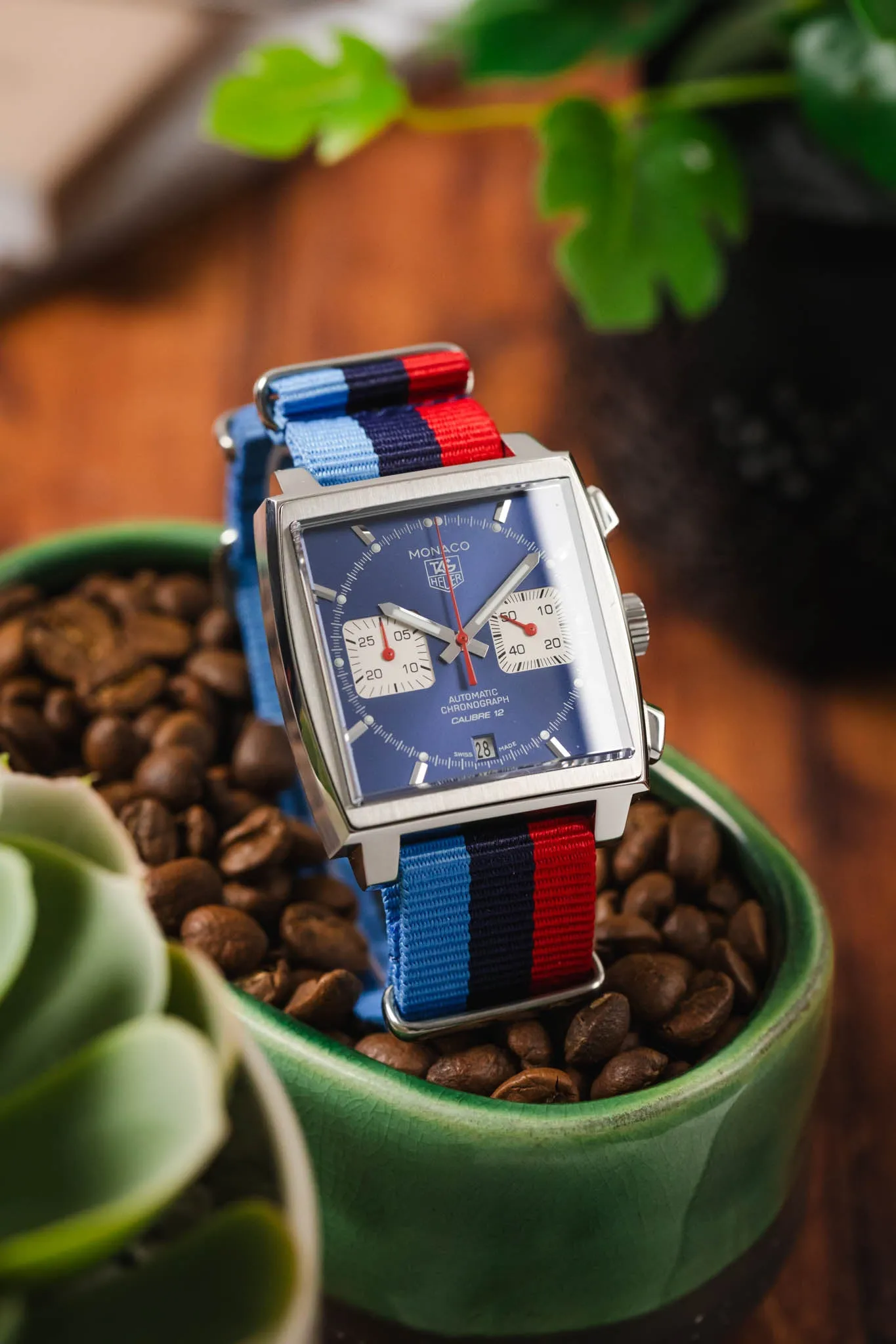 Nylon Watch Strap in BLUE / NAVY / RED Motorsport Stripes with Polished Buckle & Keepers