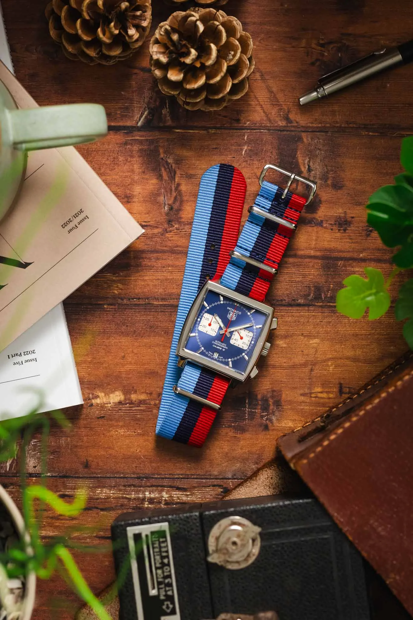 Nylon Watch Strap in BLUE / NAVY / RED Motorsport Stripes with Polished Buckle & Keepers