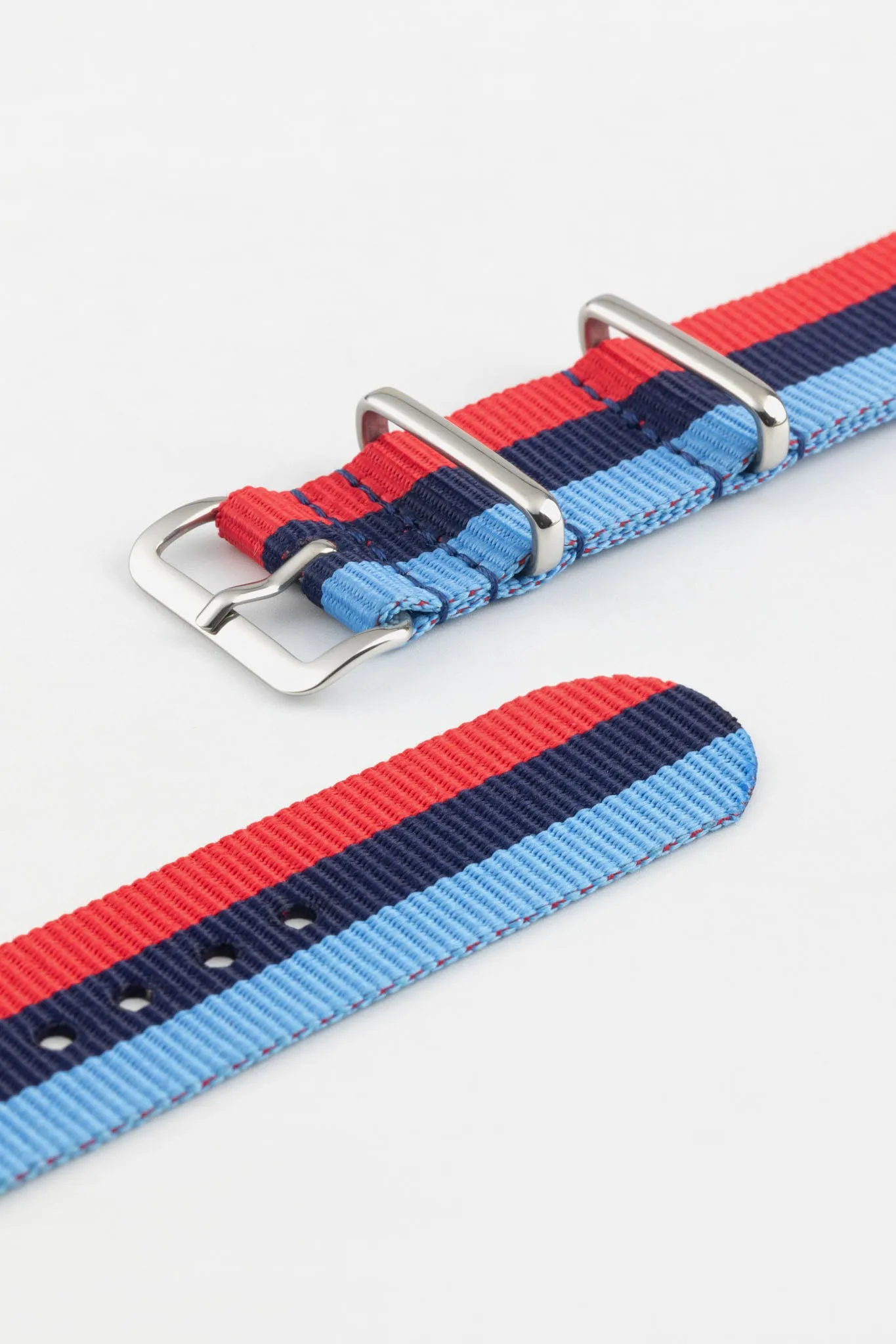 Nylon Watch Strap in BLUE / NAVY / RED Motorsport Stripes with Polished Buckle & Keepers
