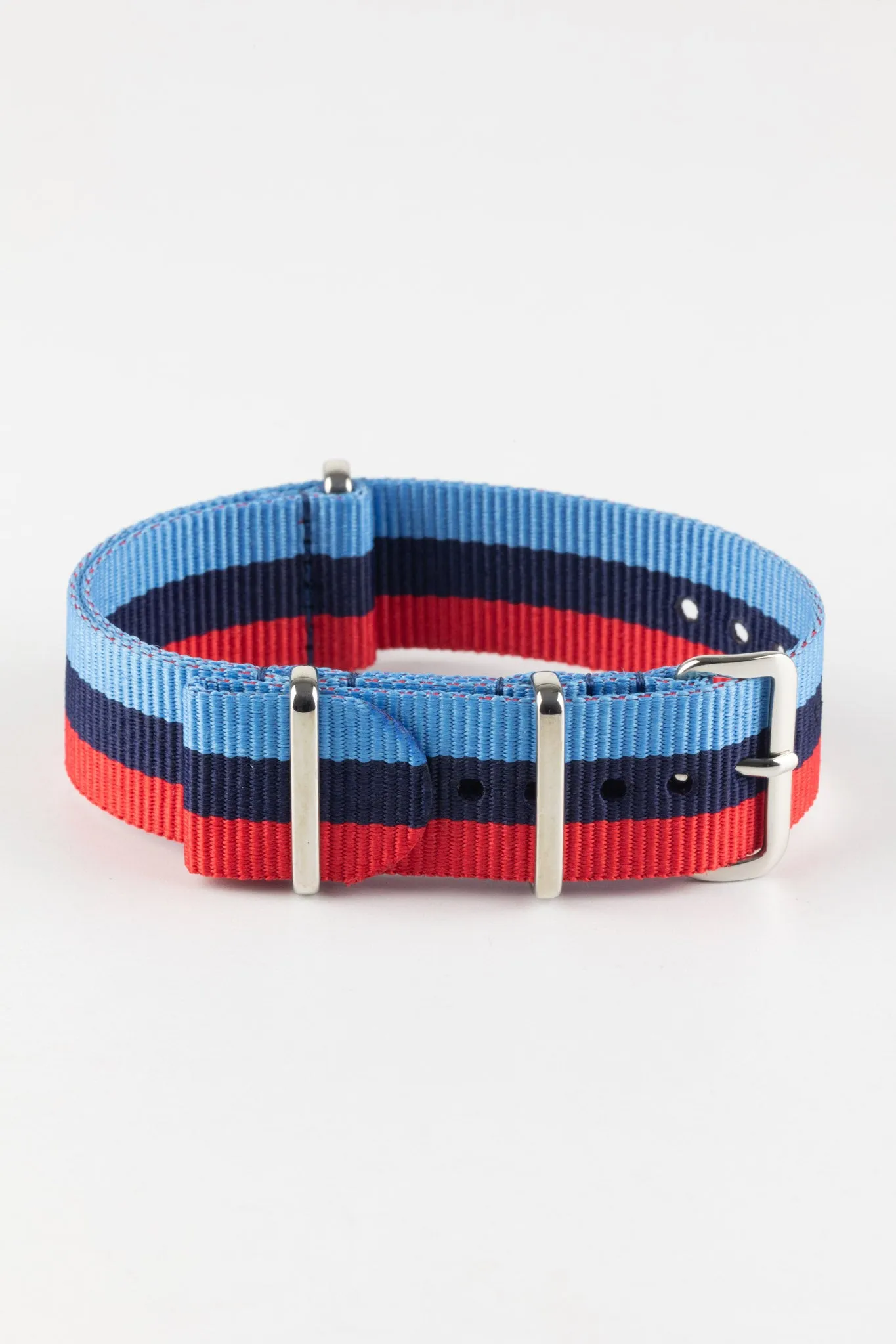 Nylon Watch Strap in BLUE / NAVY / RED Motorsport Stripes with Polished Buckle & Keepers