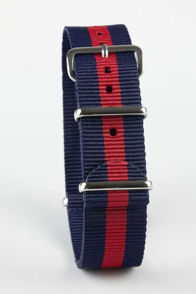 Nylon Watch Strap in BLUE with Wide RED Stripe - Polished Buckle & Keepers