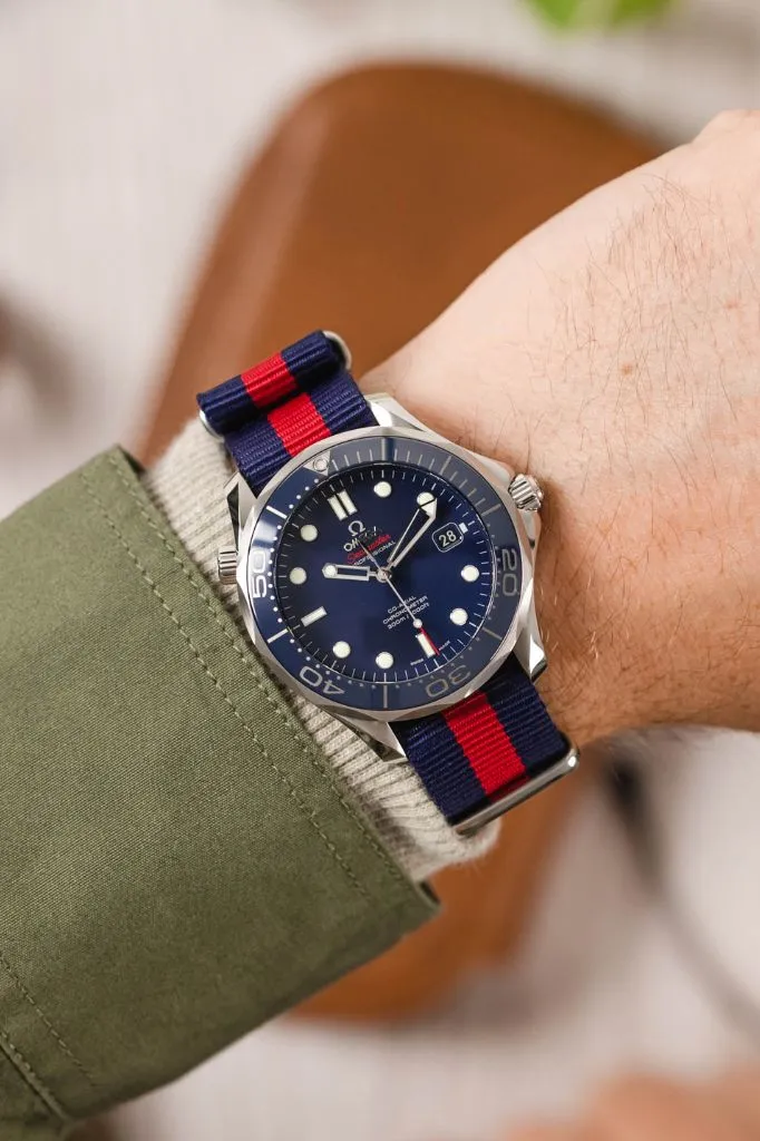 Nylon Watch Strap in BLUE with Wide RED Stripe - Polished Buckle & Keepers