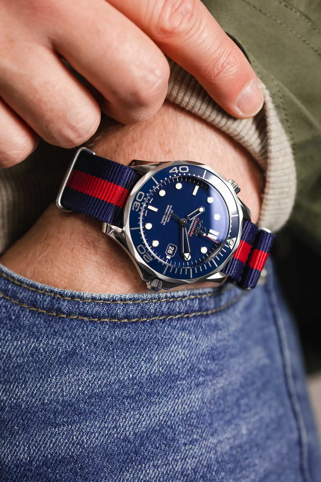Nylon Watch Strap in BLUE with Wide RED Stripe - Polished Buckle & Keepers
