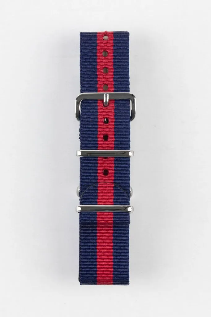 Nylon Watch Strap in BLUE with Wide RED Stripe - Polished Buckle & Keepers