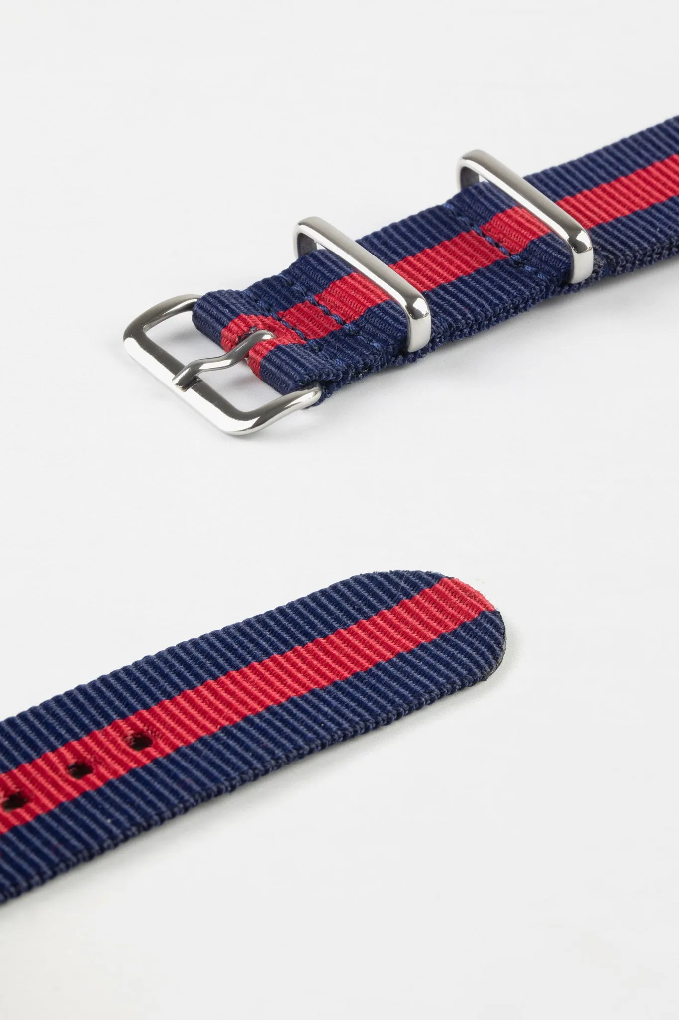 Nylon Watch Strap in BLUE with Wide RED Stripe - Polished Buckle & Keepers