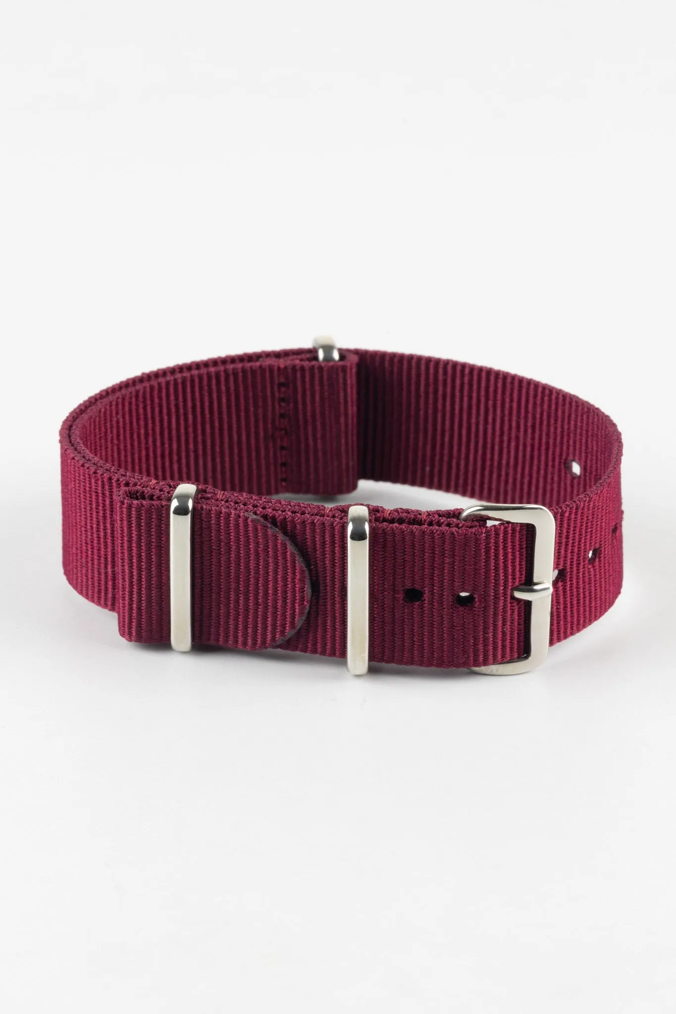 Nylon Watch Strap in BURGUNDY with Polished Buckle and Keepers