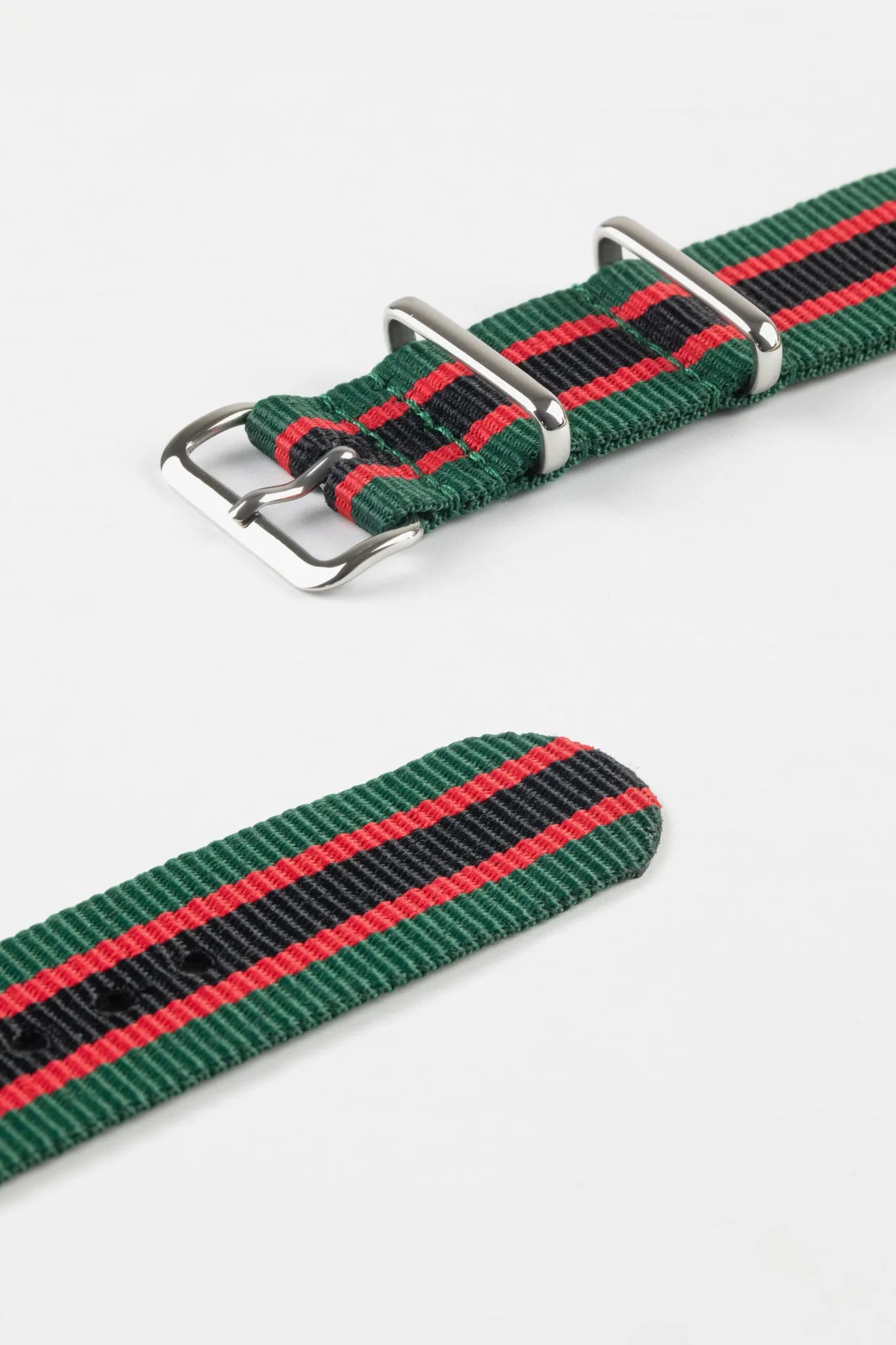 Nylon Watch Strap in GREEN / RED / BLACK Stripes with Polished Buckle & Keepers