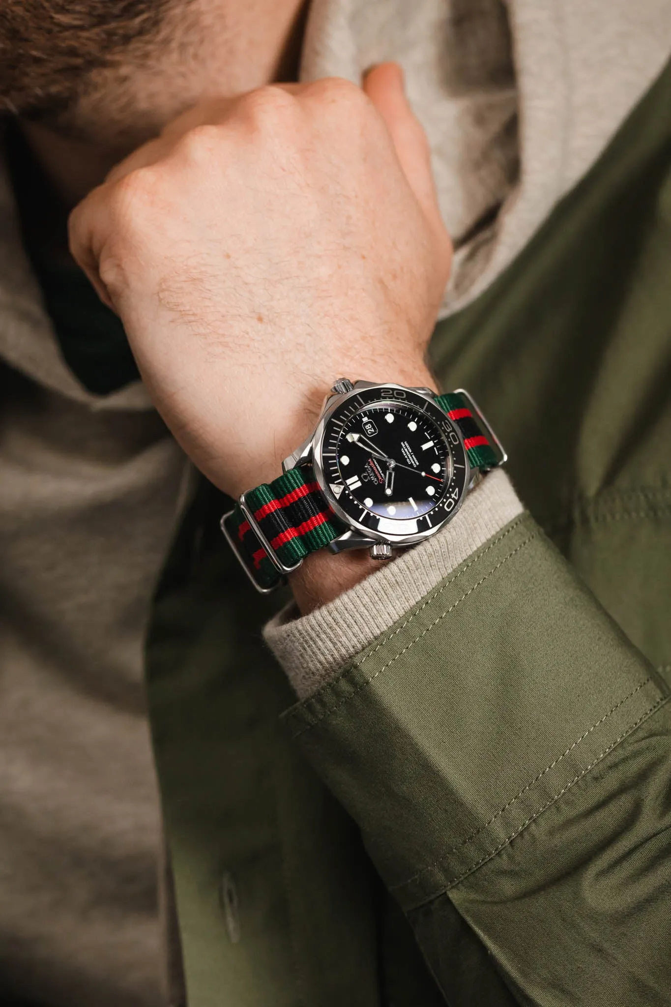 Nylon Watch Strap in GREEN / RED / BLACK Stripes with Polished Buckle & Keepers
