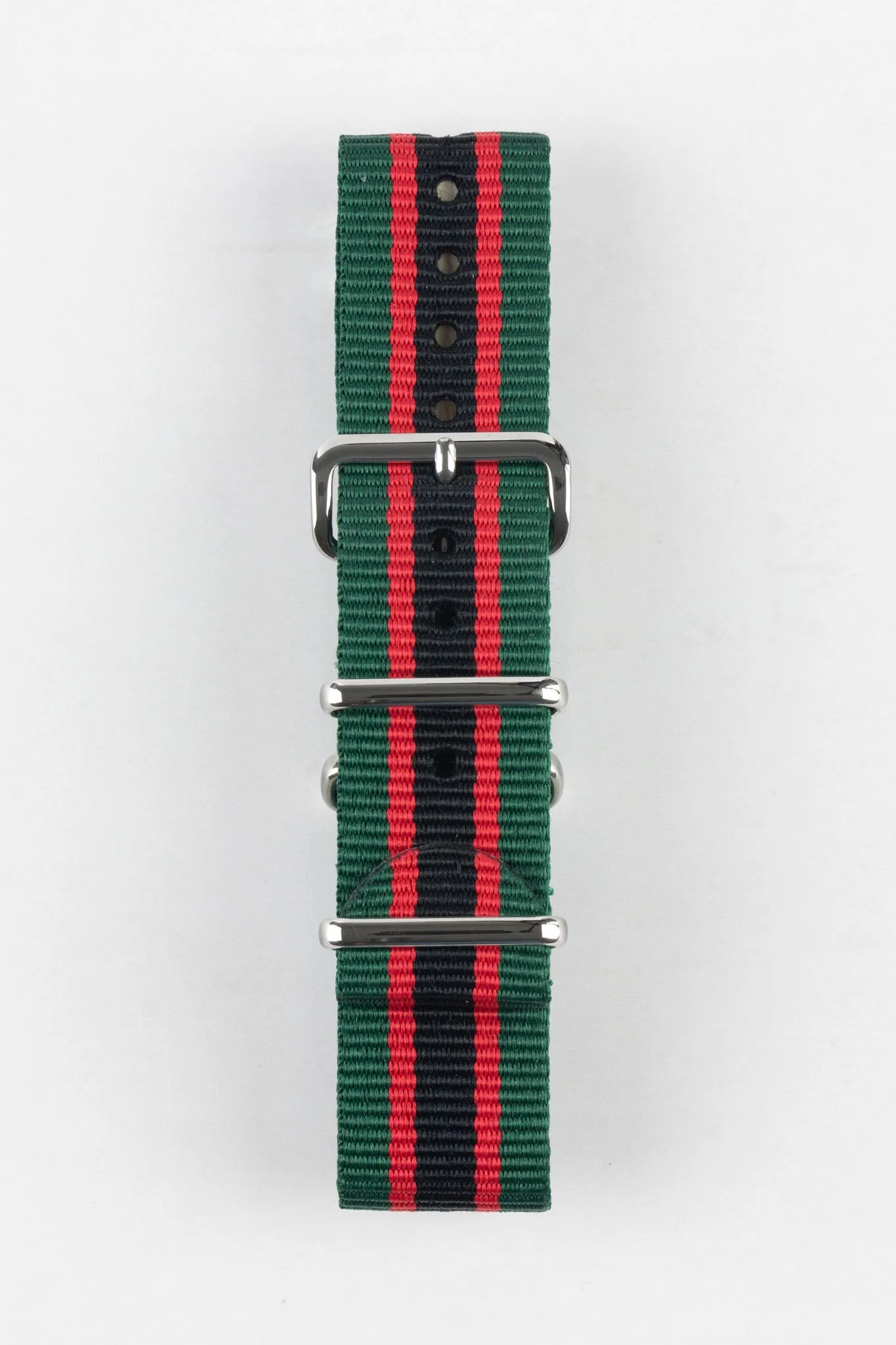 Nylon Watch Strap in GREEN / RED / BLACK Stripes with Polished Buckle & Keepers