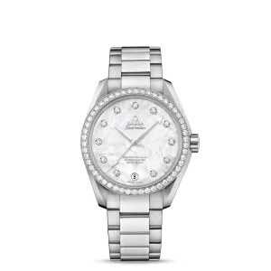 Omega Aqua Terra 150M Seamaster 39mm Watch - Ref: 231.15.39.21.55.001 - White Mother of Pearl Diamond Index Dial & Diamond Bezel, Stainless Steel Bracelet
