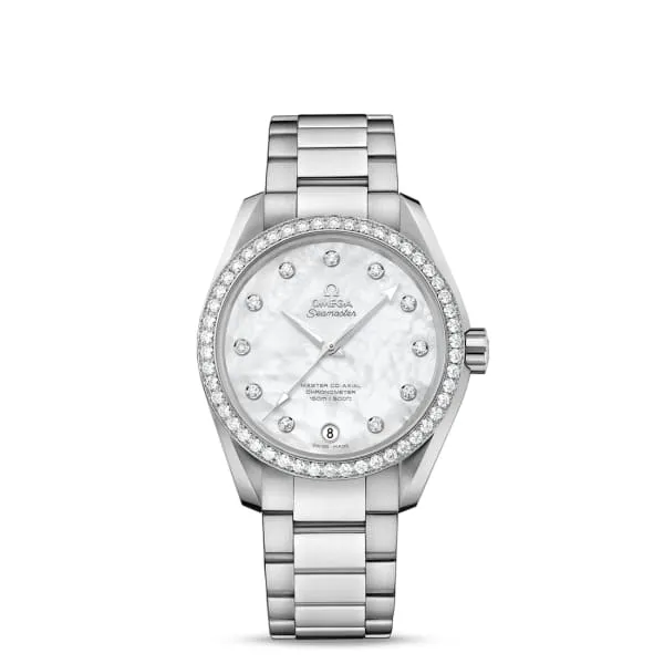 Omega Aqua Terra 150M Seamaster 39mm Watch - Ref: 231.15.39.21.55.001 - White Mother of Pearl Diamond Index Dial & Diamond Bezel, Stainless Steel Bracelet