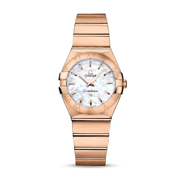 Omega Constellation 27mm Ladies Watch - Ref: 123.50.27.60.05.001 - White Mother of Pearl Index Dial, 18K Rose Gold Bracelet