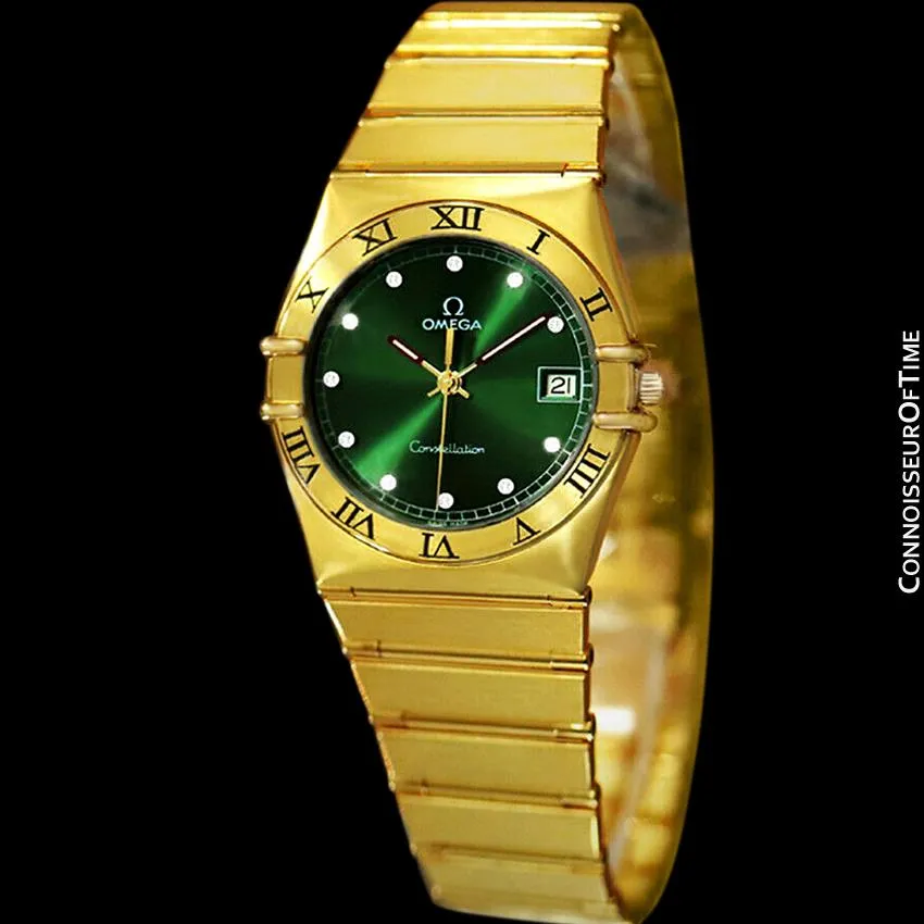 Omega Constellation Mens 35mm Money Green Dial Watch, Quartz, Date - 18K Gold Plated & Diamonds