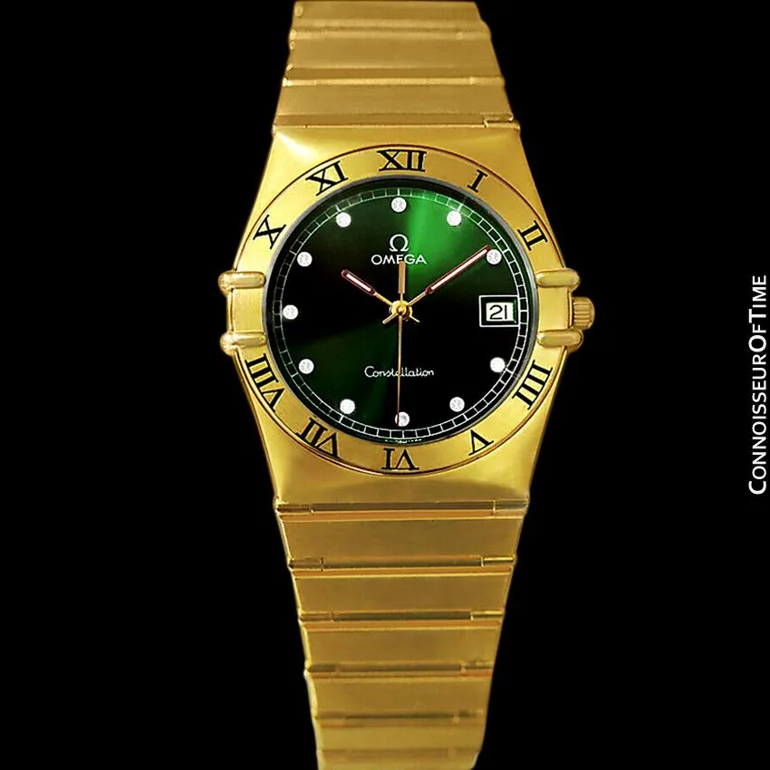 Omega Constellation Mens 35mm Money Green Dial Watch, Quartz, Date - 18K Gold Plated & Diamonds