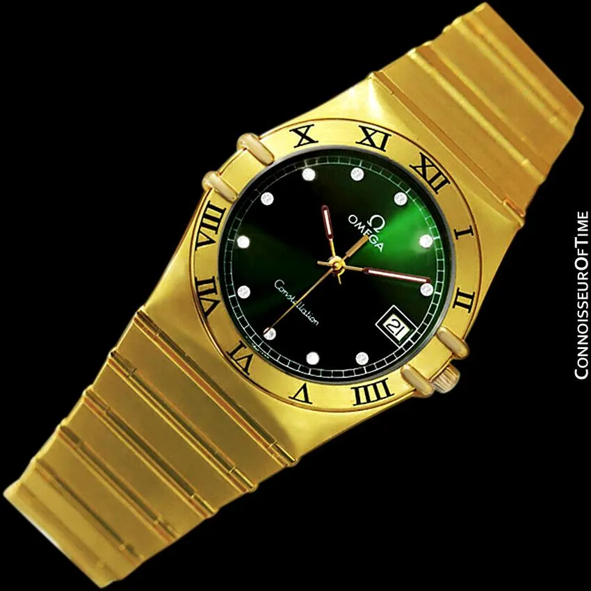 Omega Constellation Mens 35mm Money Green Dial Watch, Quartz, Date - 18K Gold Plated & Diamonds