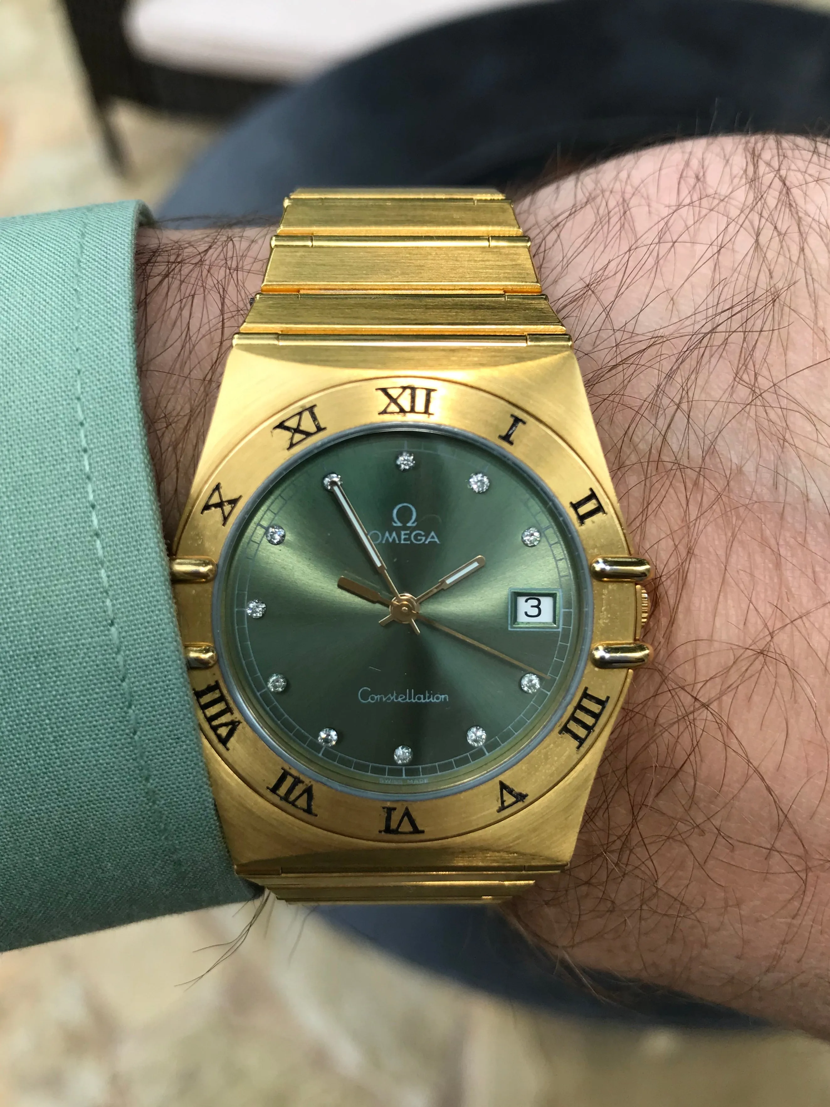 Omega Constellation Mens 35mm Money Green Dial Watch, Quartz, Date - 18K Gold Plated & Diamonds