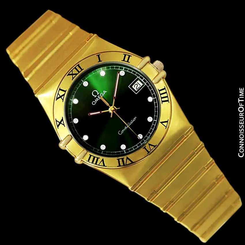 Omega Constellation Mens 35mm Money Green Dial Watch, Quartz, Date - 18K Gold Plated & Diamonds