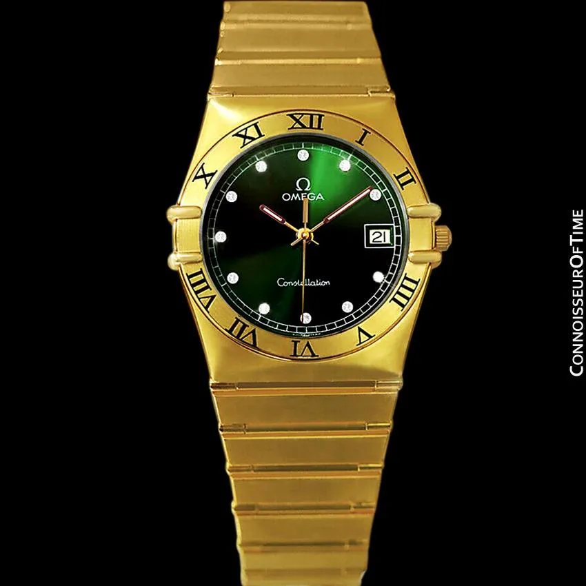 Omega Constellation Mens 35mm Money Green Dial Watch, Quartz, Date - 18K Gold Plated & Diamonds