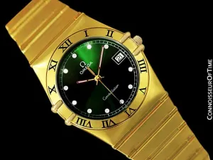Omega Constellation Mens 35mm Money Green Dial Watch, Quartz, Date - 18K Gold Plated & Diamonds