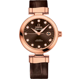 Omega De Ville Ladymatic 34 mm, red gold on leather strap