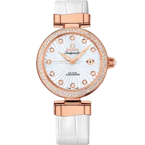 Omega De Ville Ladymatic 34 mm, red gold on leather strap
