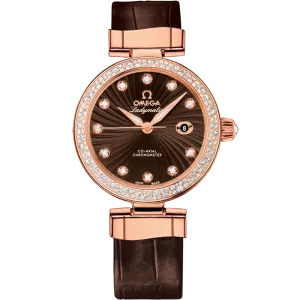Omega De Ville Ladymatic 34 mm, red gold on leather strap