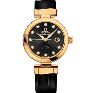 Omega De Ville Ladymatic 34 mm, yellow gold on leather strap