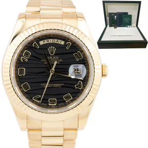 OPEN CARD Rolex Day-Date II 41mm Black Wave President 218238 18K Gold Watch