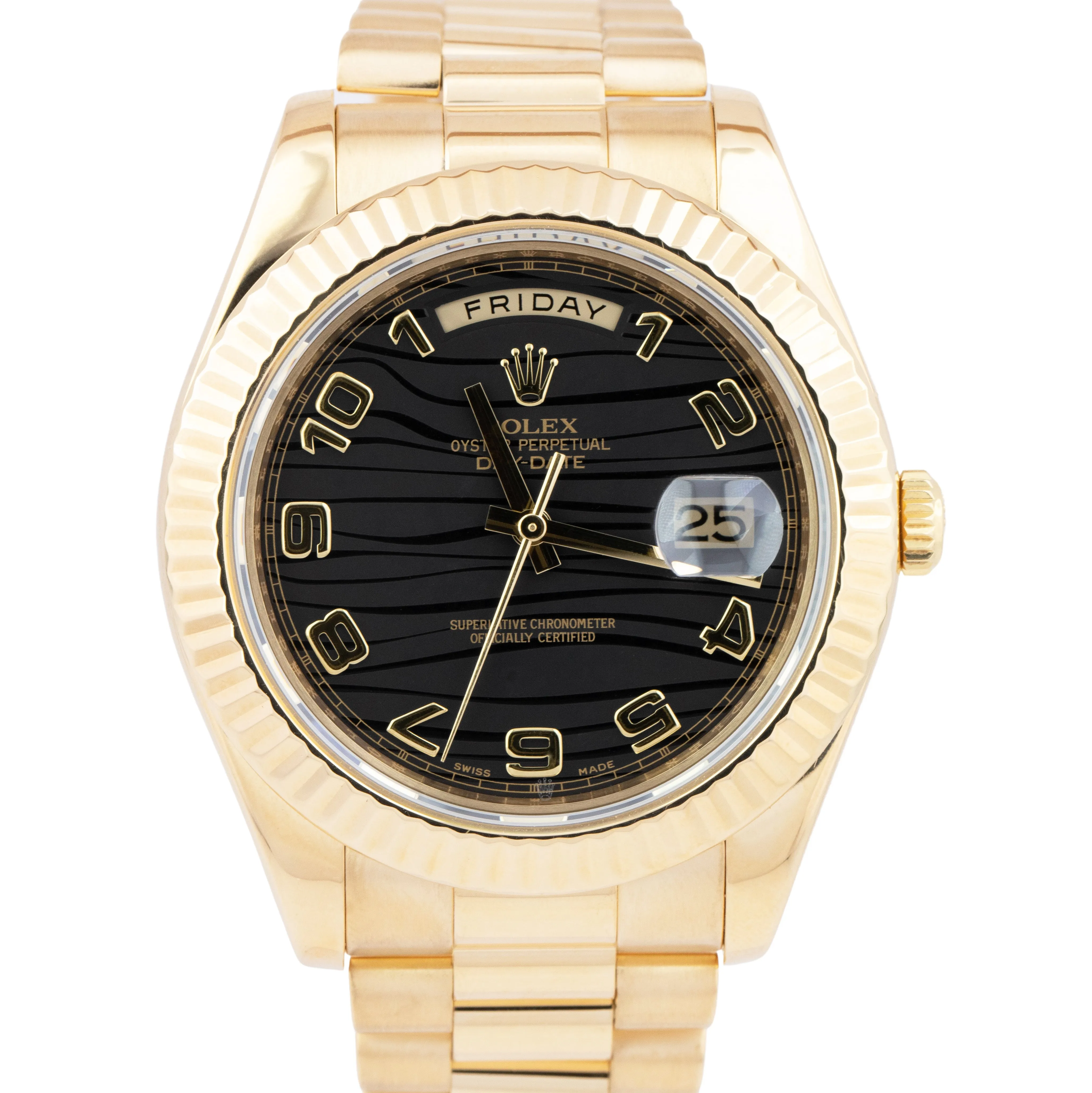 OPEN CARD Rolex Day-Date II 41mm Black Wave President 218238 18K Gold Watch