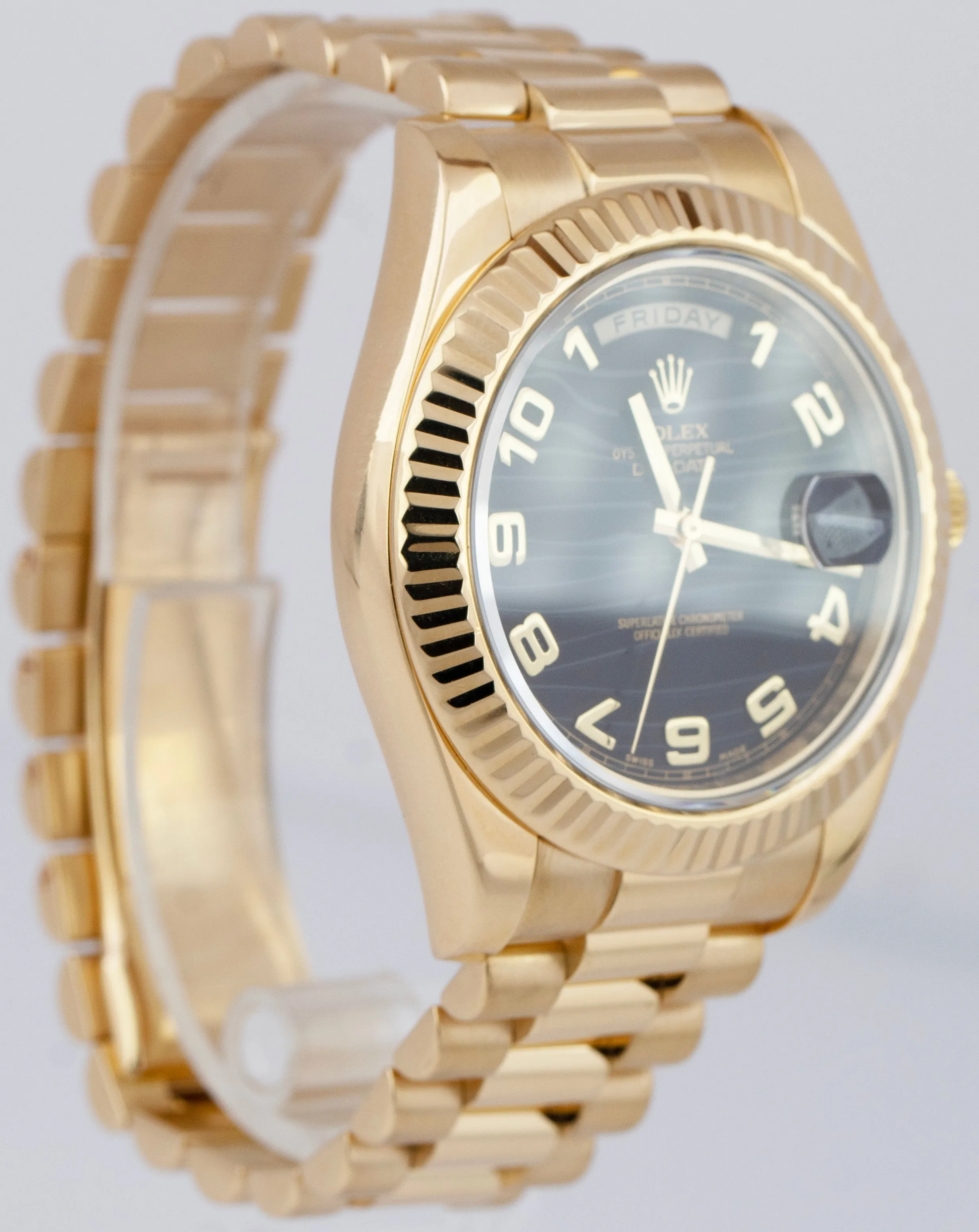 OPEN CARD Rolex Day-Date II 41mm Black Wave President 218238 18K Gold Watch