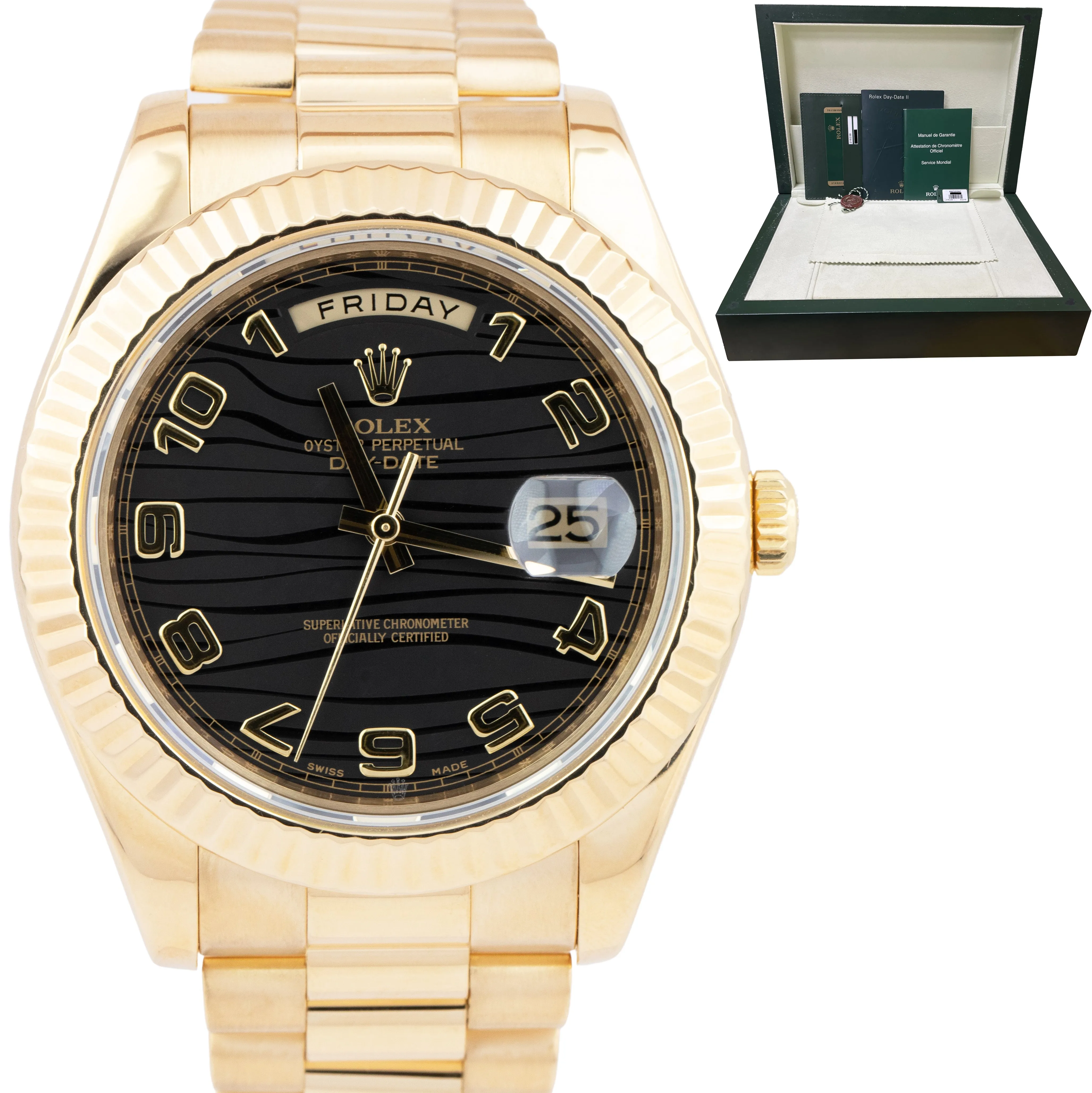 OPEN CARD Rolex Day-Date II 41mm Black Wave President 218238 18K Gold Watch