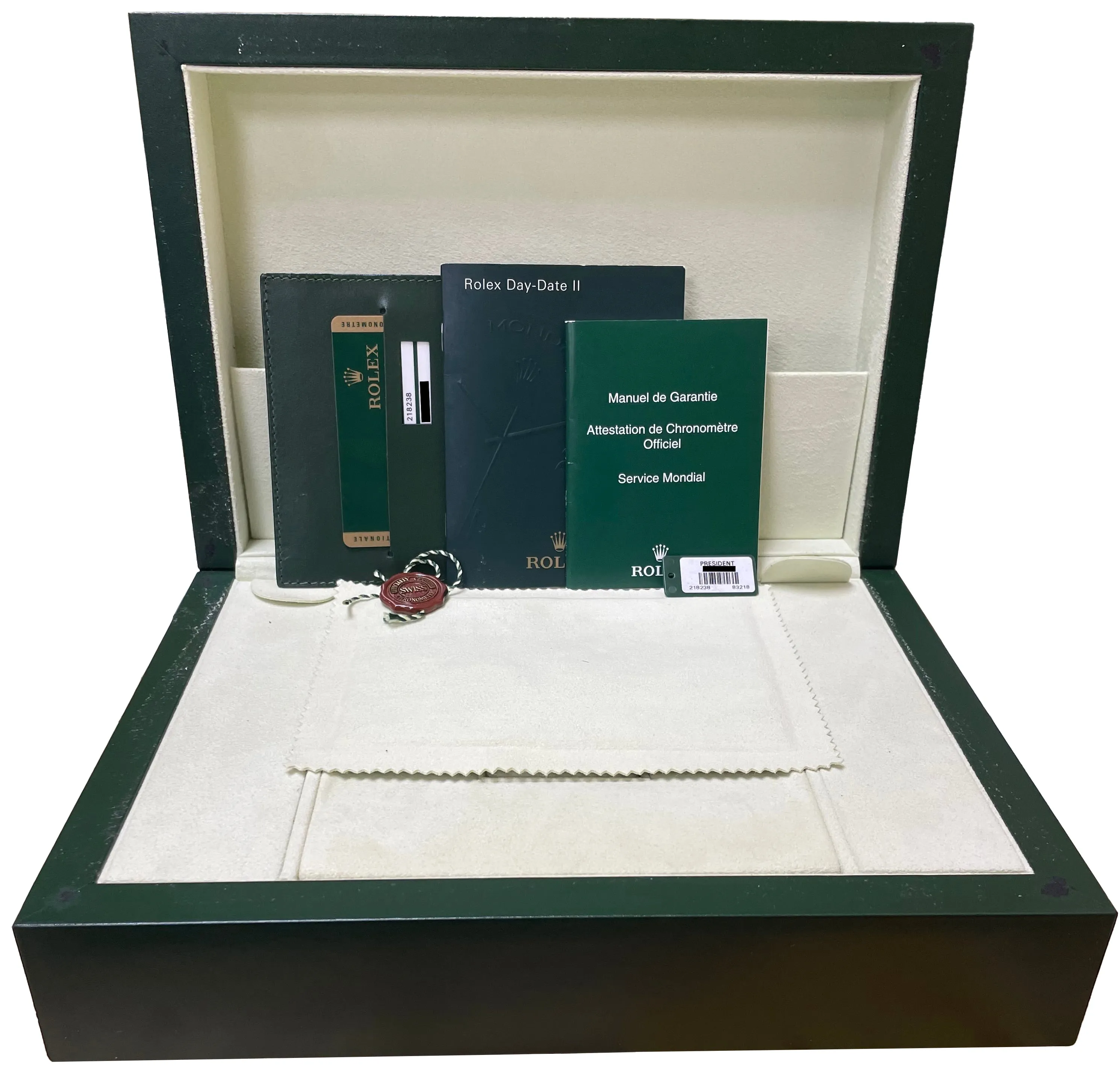 OPEN CARD Rolex Day-Date II 41mm Black Wave President 218238 18K Gold Watch