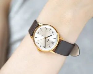 Oversized women's watch vintage, gold plated lady wristwatch classic Dawn, women watch minimalist shockproof gift, new luxury leather strap