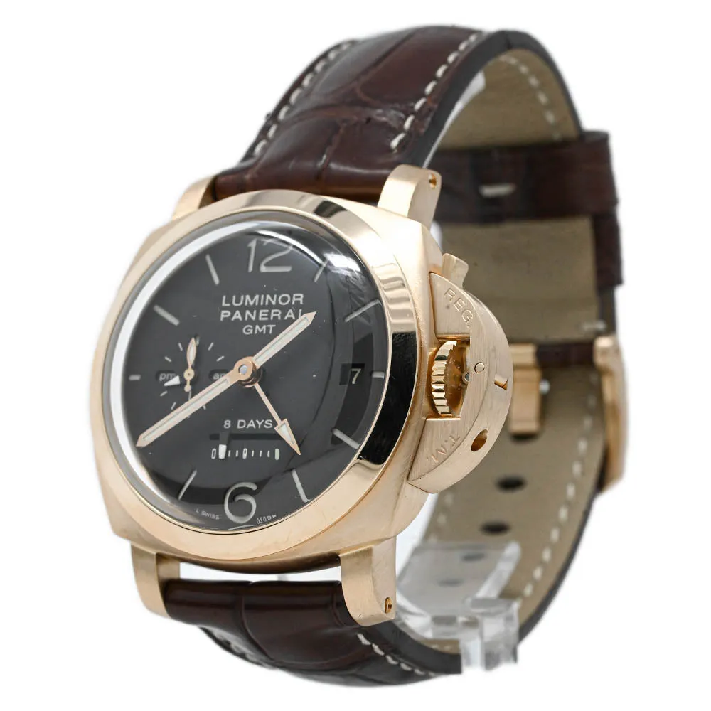 Panerai Men's Luminor 1950 8 Days GMT 18K Rose Gold 44mm Brown Dial Watch Reference #: PAM00289