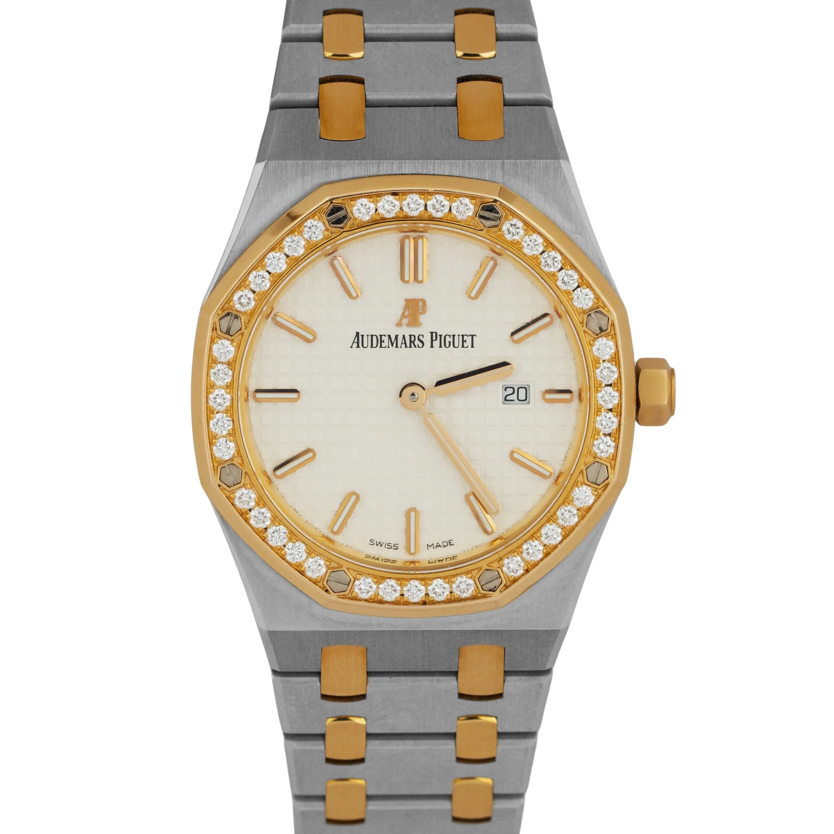 PAPERS Audemars Piguet Royal Oak WHITE DIAMOND 18K Gold Steel 33mm 67651SR BOX