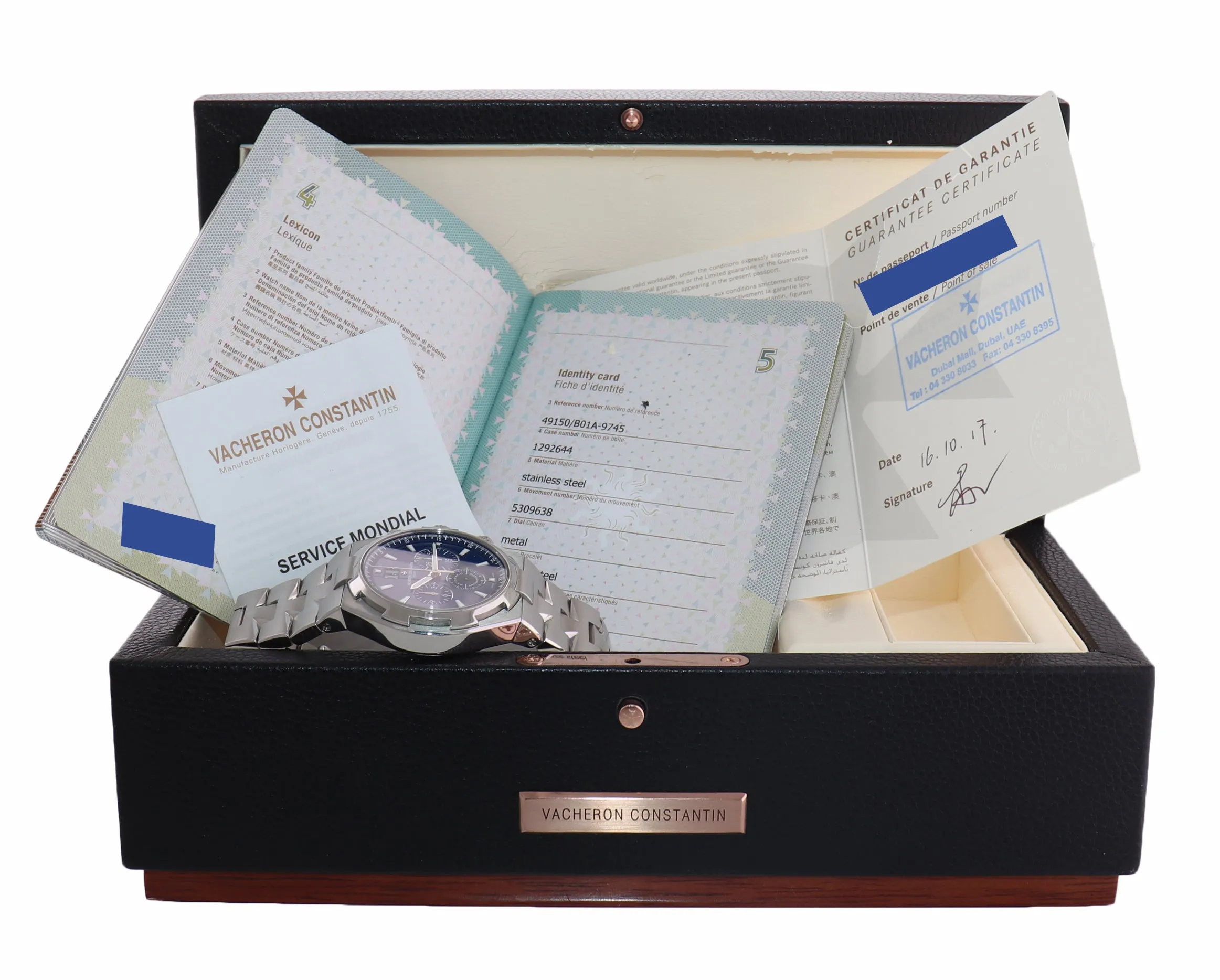 PAPERS Vacheron Constantin Overseas 49150 42mm Blue Steel Chronograph Watch Box