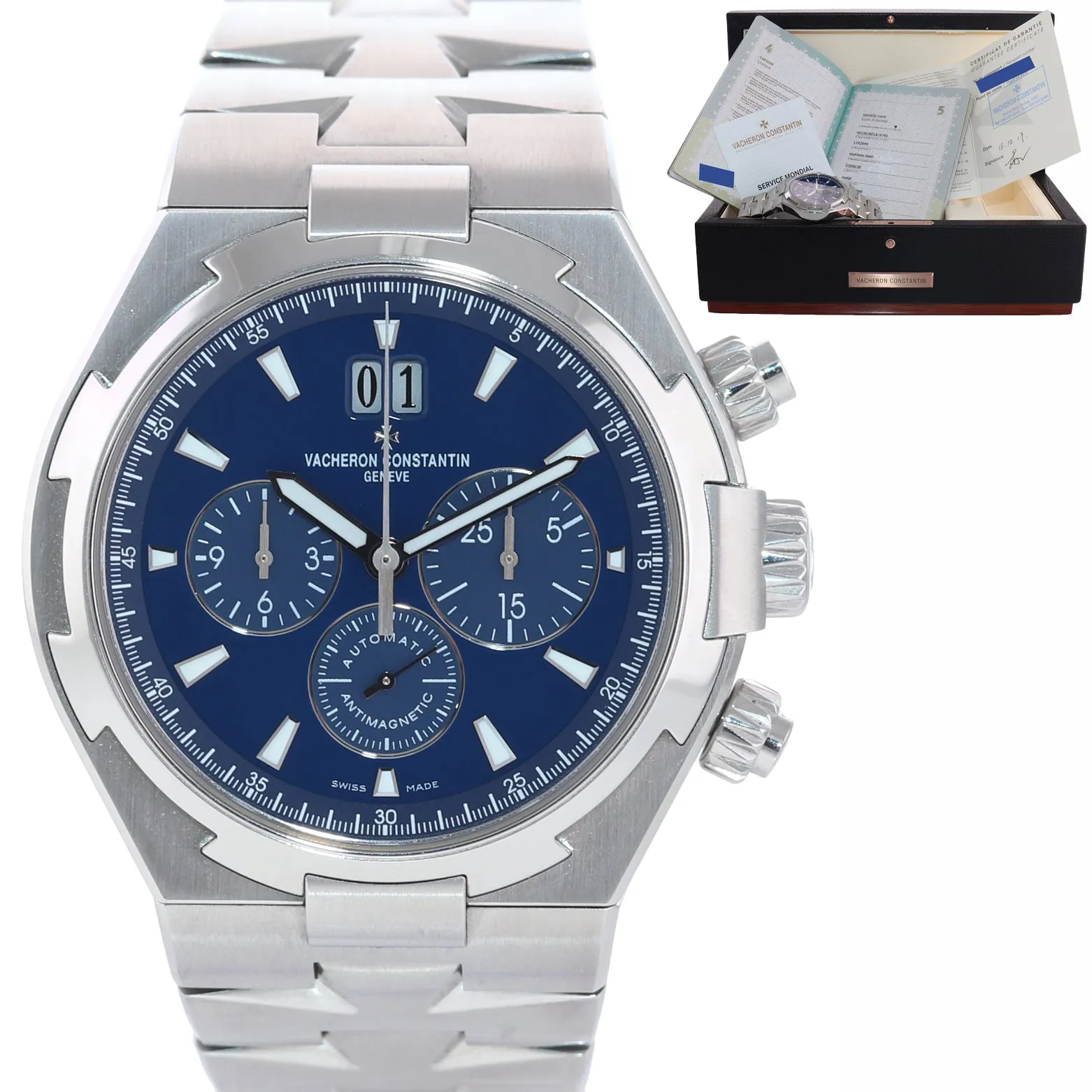 PAPERS Vacheron Constantin Overseas 49150 42mm Blue Steel Chronograph Watch Box
