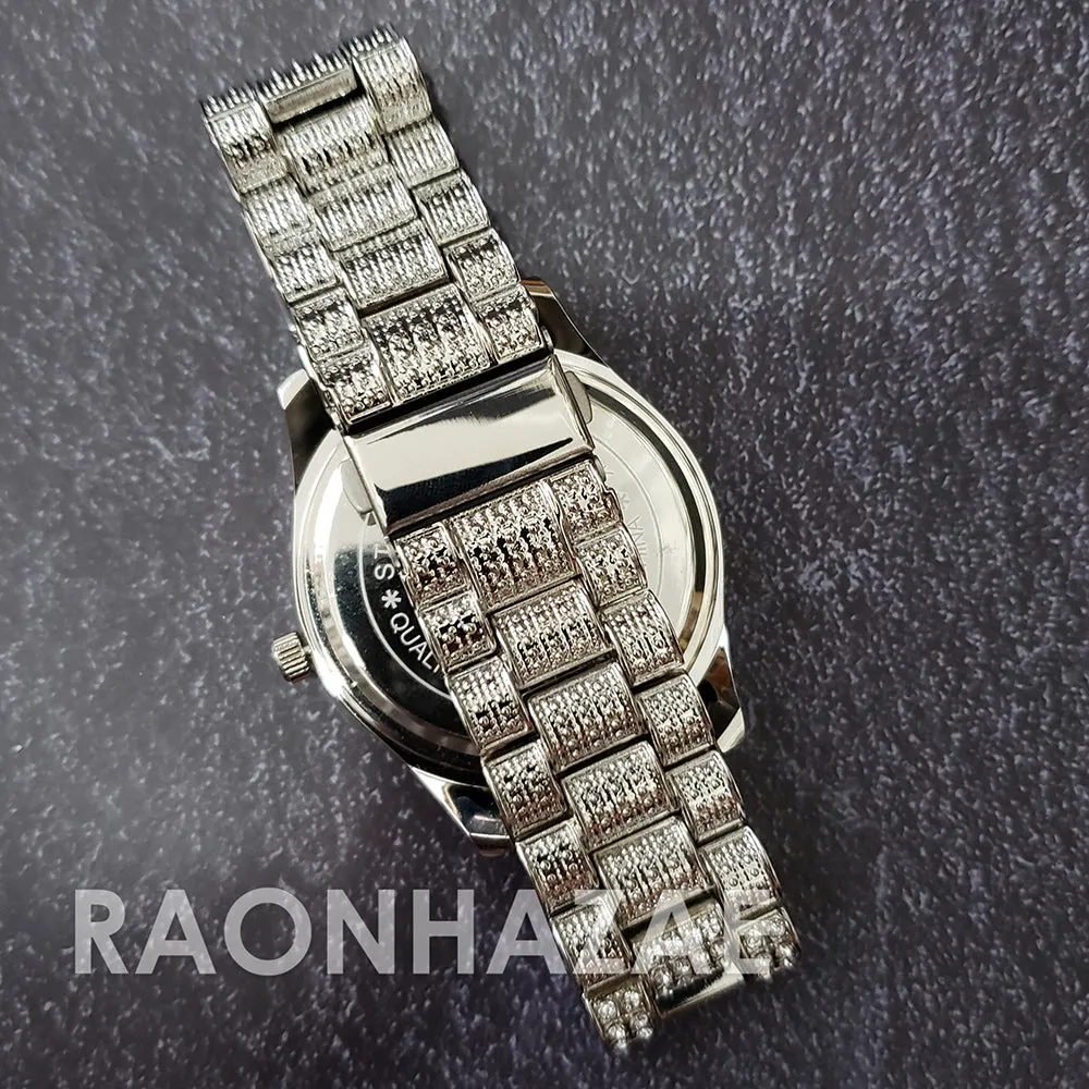 Raonhazae Hip Hop FULLY Iced Lab Diamond 14K White Gold Plated Watch with Red Face Blingy Stones