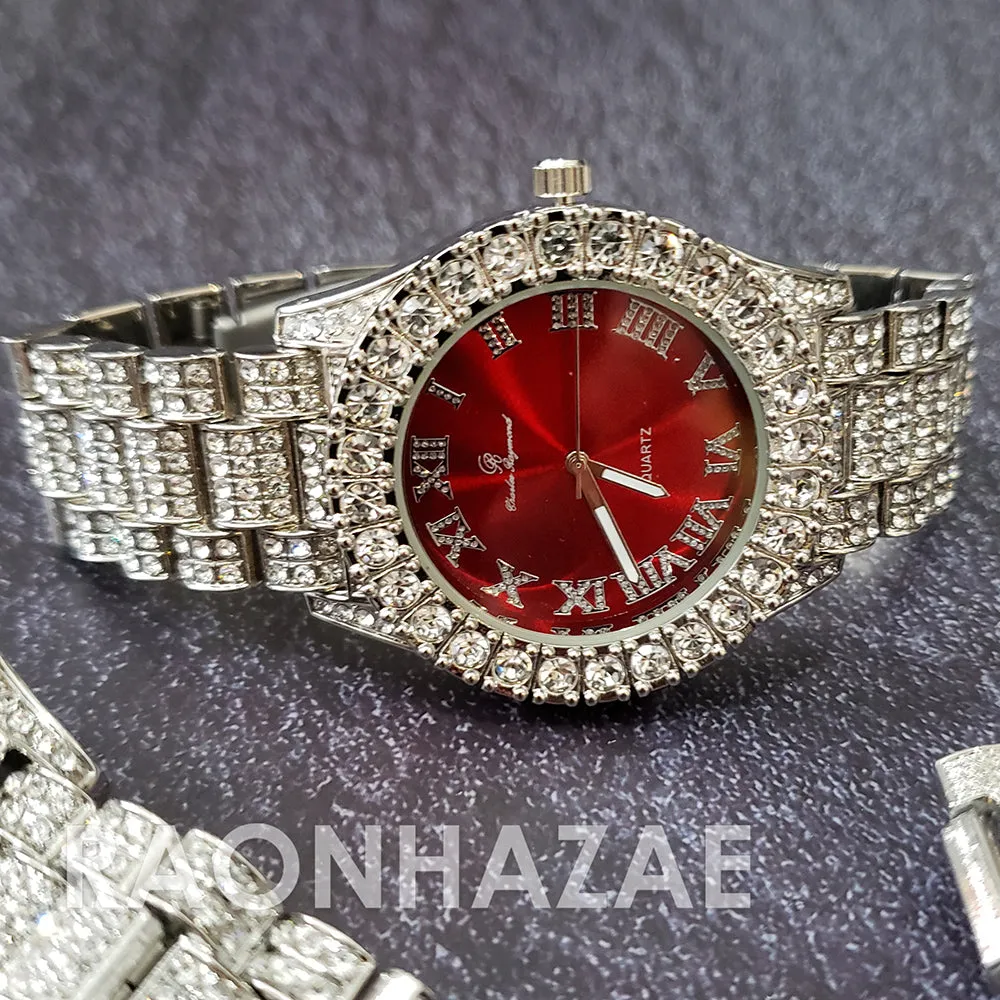 Raonhazae Hip Hop FULLY Iced Lab Diamond 14K White Gold Plated Watch with Red Face Blingy Stones