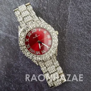 Raonhazae Hip Hop FULLY Iced Lab Diamond 14K White Gold Plated Watch with Red Face Blingy Stones