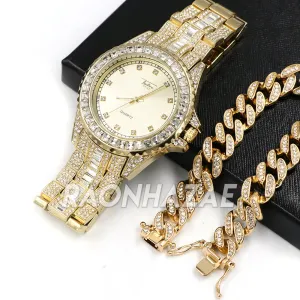 Raonhazae Iced Lab Diamond Busta Gold Watch w/ 15mm Cuban Bracelet Set