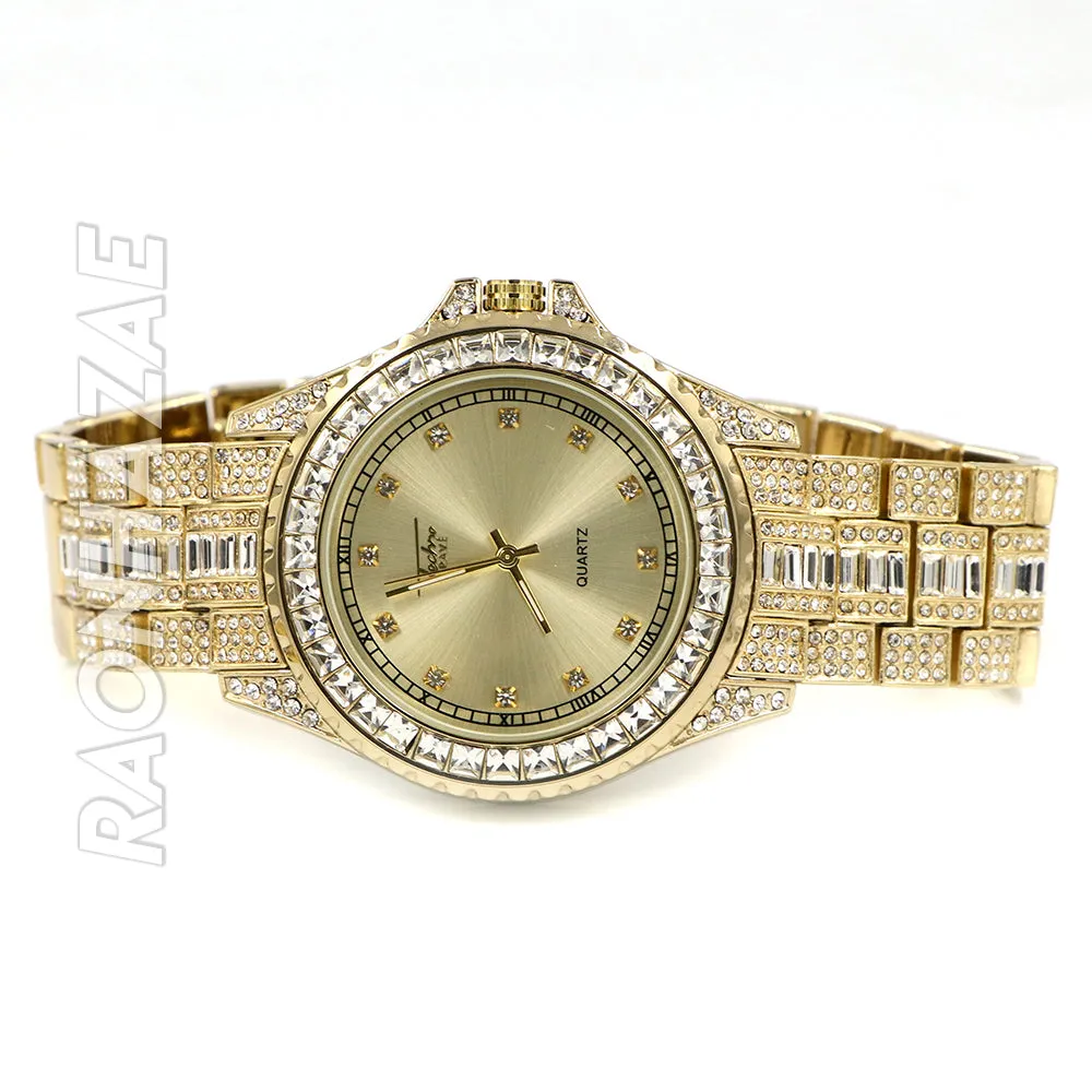 Raonhazae Iced Lab Diamond Busta Gold Watch w/ 15mm Cuban Bracelet Set