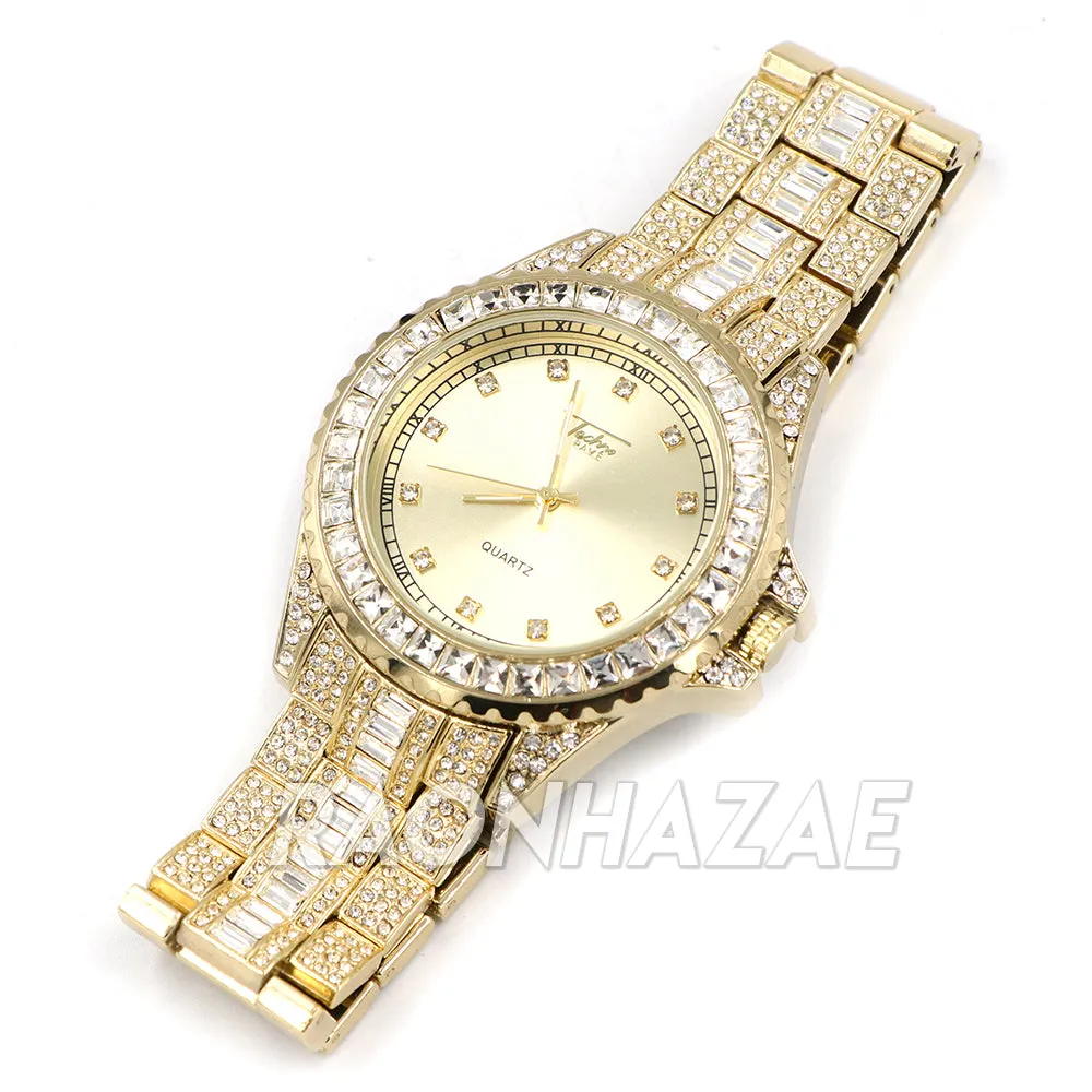 Raonhazae Iced Lab Diamond Busta Gold Watch w/ 15mm Cuban Bracelet Set