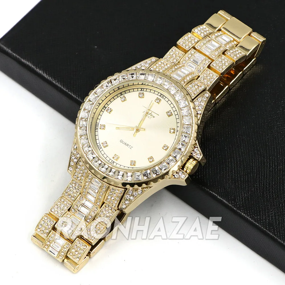 Raonhazae Iced Lab Diamond Busta Gold Watch w/ 15mm Cuban Bracelet Set